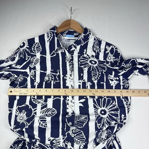 J McLaughlin Navy Floral Shirt Dress Sz M / L Belted Catalina Career Office READ - Picture 8 of 12